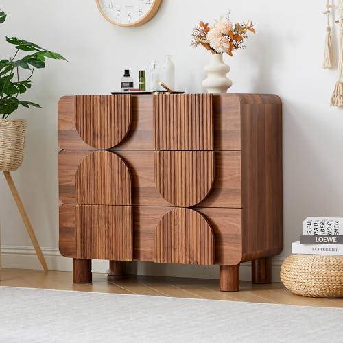 3 Drawer Dresser, Modern Fluted Wood Chest of Drawers, 31.5" Wide Walnut Nightstand with Anti-Tip Device, Curved Storage Cabinet for Bedroom, Living Room, Entryway