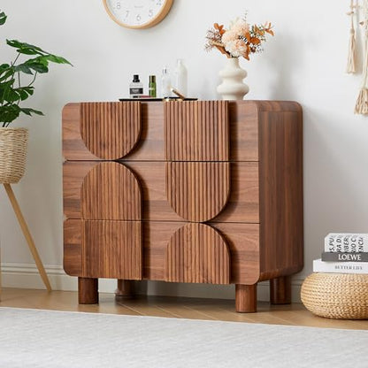3 Drawer Dresser, Modern Fluted Wood Chest of Drawers, 31.5" Wide Walnut Nightstand with Anti-Tip Device, Curved Storage Cabinet for Bedroom, Living Room, Entryway