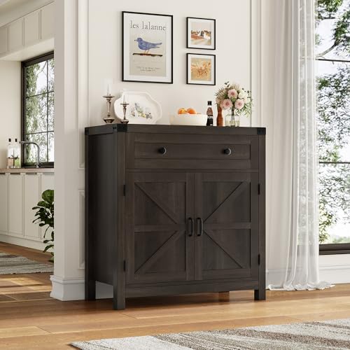 Coffee Bar Cabinet, Kitchen Storage Cabinet, Modern Farmhouse Buffet Sideboard with Drawer and Adjustable Shelf, Barn Door Accent Cabinets for Kitchen, Dining Room, Entryway, Dark Brown