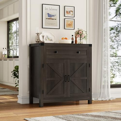 Coffee Bar Cabinet, Kitchen Storage Cabinet, Modern Farmhouse Buffet Sideboard with Drawer and Adjustable Shelf, Barn Door Accent Cabinets for Kitchen, Dining Room, Entryway, Dark Brown