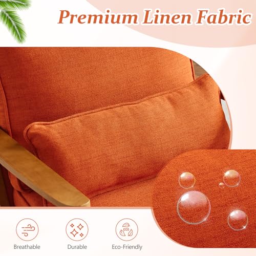 Solid Wood Wide Armrests Accent Chair,Upholstered Mid Century Modern Chair with Pillow,Comfy Reading Chair Farmhouse Arm Chair,Chairs Living Room,Bedroom,Guest Room,Linen Fabric,Burnt Orange