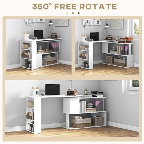 47 Inch L Shaped Desk, Corner Computer Desk, 360 Degree Rotating Home Office Desk with Storage Shelves, Writing Table Workstation, White