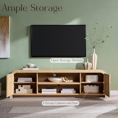 70" Modern Fluted TV Stand with Storage, Natural Oak, view 4