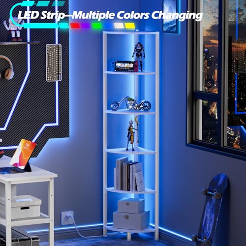 6 Tier Corner Shelf with LED Light, 67.5” Tall Standing Shelf Organizer, White Narrow Bookshelf with Storage Rack for Wall Corner, Living Room, Bedroom, Metal Frame, Wood Display Shelf
