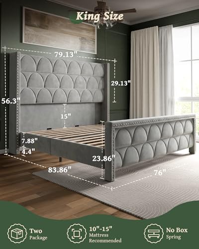 Velvet Wingback Bed Frame with Headboard, Noise-Free and Sturdy Wood Slat, Deep Gray, view 3