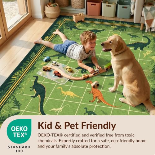 Design&I 8'x10' Green Forest Dinosaur World Grid Pattern Washable Area Rug | Bedroom Decor with Vibrant Dino Species in for King Size Bedroom, Under Bed, Sleek Flatweave Pet Friendly