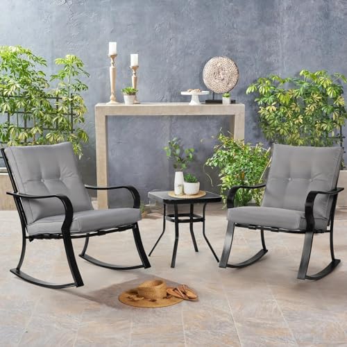 3-Piece Outdoor Rocking Chairs Bistro Set, Black Iron Patio Furniture with Gray Thickened Cushion & Glass-Top Coffee Table