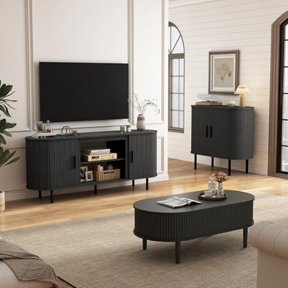 65'' Mid Century Fluted Modern TV Stand-Curved TV Cabinet with Storage, view 3