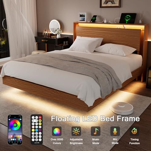 Bed Frame Queen Size with LED Lights & Charging Station – Kids Wood Floating, view 4