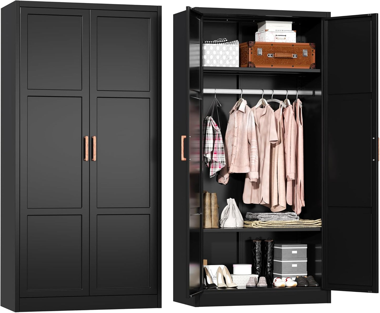 Metal Wardrobe Closet, 72" H Bedroom Armoires with Wooden Handle, Storage Cabinet with Adjustable Shelves and Hanging Rods, Steel Storage Locker Closet for Home, Office, Employee, Gym (Black)