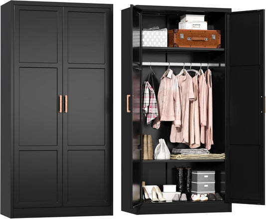 Metal Wardrobe Closet, 72" H Bedroom Armoires with Wooden Handle, Storage Cabinet with Adjustable Shelves and Hanging Rods, Steel Storage Locker Closet for Home, Office, Employee, Gym (Black)