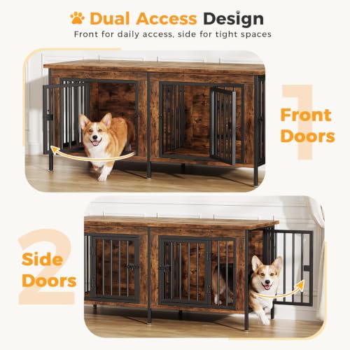 NEWBULIG 54" Double Dog Crate Furniture for 2 Dogs - Rustic Brown, view 3