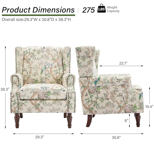 Accent Chair, Upholstered High Back Armchair with Nailhead Trim & Wood Legs, Comfy Wingback Reading Single Sofa Chair for Small Spaces, Living Room, Bedroom (Bird, Set of 1)