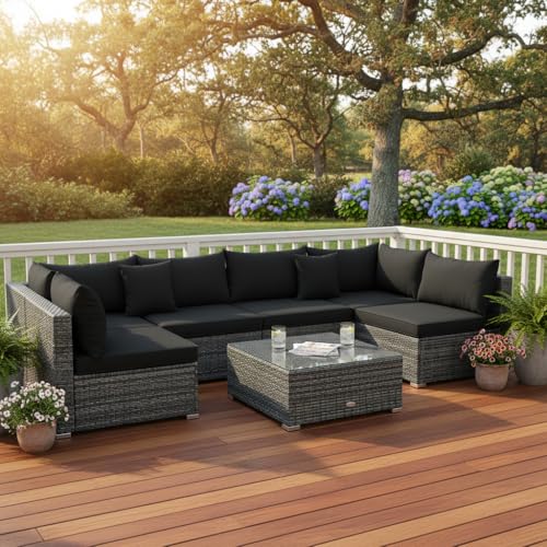 7 Pieces Patio Rattan Furniture Set, Patiojoy Outdoor Conversation Set with Cushions and Tempered Glass Coffee Table, All-Weather Sectional Sofa Set for Garden, Lawn, Backyard (Black)