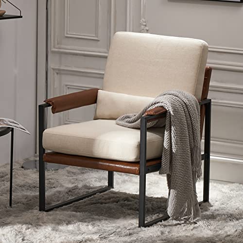 Mid-Century Accent Chair, Padded Arms, Beige | Metal Frame, Linen Fabric, Thick Cushions, Lumbar Pillow Included, Lounge Chair for Living Room, Bedroom, Balcony, Study