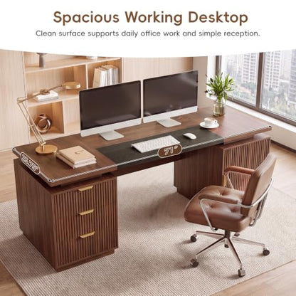 71" Office Desk with Storage, Fluted ExecutiveDesk with Drawers, Walnut, view 5