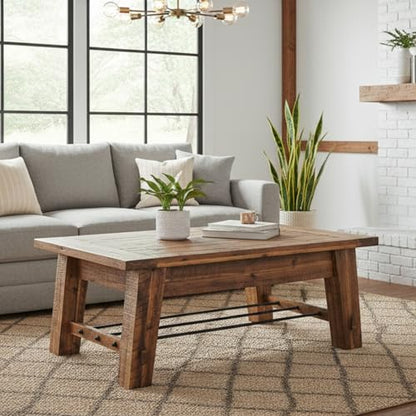 Durango Solid Wood Coffee Table with Metal Storage Shelf | 48-Inch, Rustic Industrial Living Room Table, Metal Accent, Rustic Natural Grain Lacquer Finish