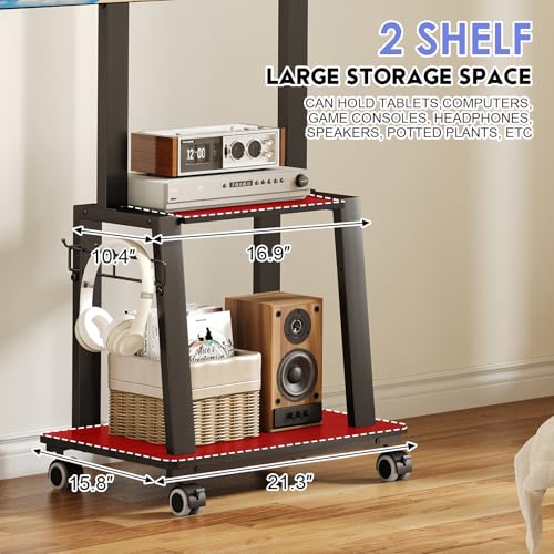 Rolling TV Stand on Wheels for 23-60Inch Flat/Curved Screen TVs,Tilt Mobile TV Cart with 2 Shelves,Portable TV Stand with Adjustable Height Holds up to 50lbs for Indoor Outdoor Max VESA 400x400mm
