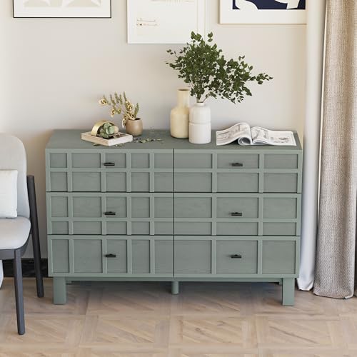 Modern 6 Drawer Double Dresser with Grid Carved Pine Front, view 8