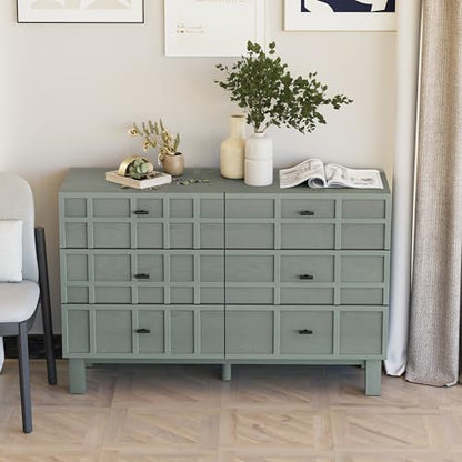 Modern 6 Drawer Double Dresser with Grid Carved Pine Front, view 8