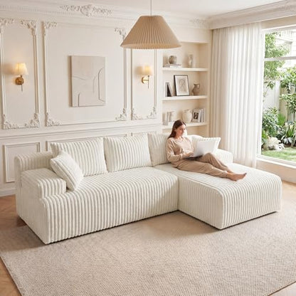 96" Modular Sectional Sofa Couches, L-Shaped Boneless Cloud Sofa with 3 Deep Seat, 5 Cushiones Oversized Chaise for Living Room, Bedroom, Plush Corduroy Fabric (Left, Beige)