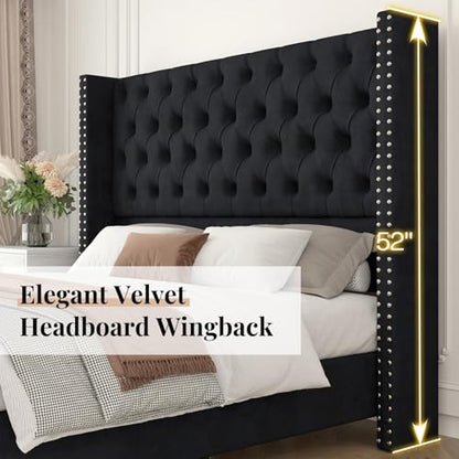 Queen Size Bed Frame with 51.6" Velvet Wingback Headboard, Black, view 5