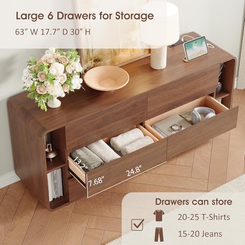 63 Inch 6 Drawer Dresser with Shelves, Rounded Corner, Walnut, view 5