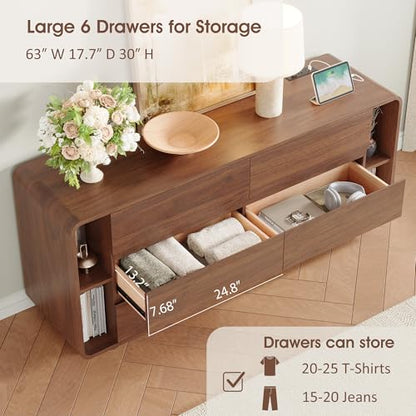 63 Inch 6 Drawer Dresser with Shelves, Rounded Corner, Walnut, view 5