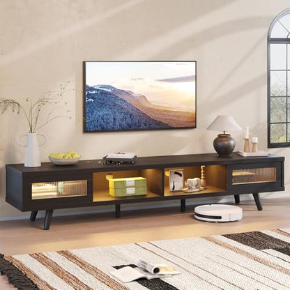 Mid Century Modern 75 Inch LED TV Stand with Sliding Doors, Black, view 7