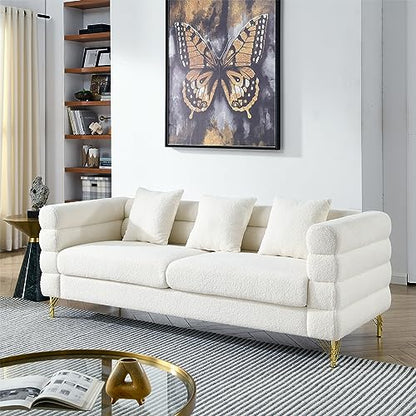 Modern Sofa Couch, 81" W Teddy Bouclé Oversized Loveseat Cloud Sofa, Upholstered Tufted Comfy Deep Seat Couch with Gold Legs & Pillows for Living Room, Bedroom, Office, Apartment((3 Seater, White)