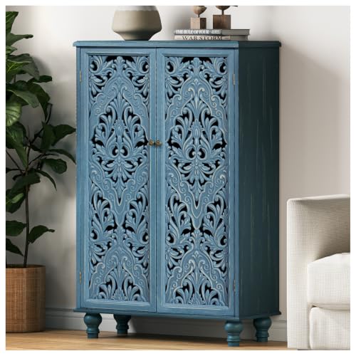 47" Tall Accent Cabinet with Carved Doors & Storage for Living Room | Vertical Storage for Dining Room,Bedroom, Carved Floral Design, Farmhouse & Rustic Style, Adjustable Shelves, Easy Assembly