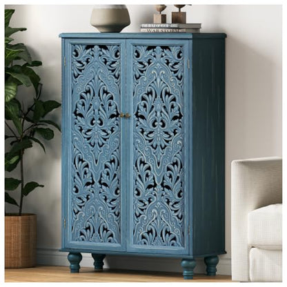 47" Tall Accent Cabinet with Carved Doors & Storage for Living Room | Vertical Storage for Dining Room,Bedroom, Carved Floral Design, Farmhouse & Rustic Style, Adjustable Shelves, Easy Assembly