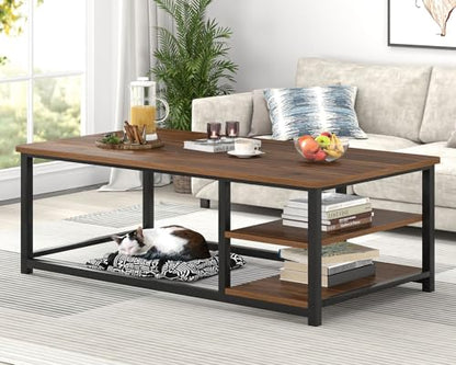 Modern Coffee Table, Rustic Wood and Metal Center Table for Living Room, Industrial Rectangle Cocktail Tea Table with Storage Shelf, Walnut, 47 Inch