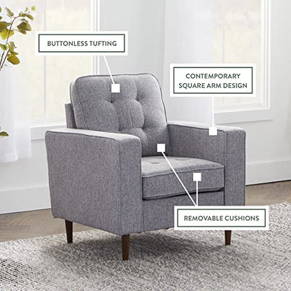 Lynnwood Upholstered Accent Chair - Living Room Furniture - Office - Bedroom - Mid-Century Modern Design - Armchair - Buttonless Tufting - Simple Assembly - Solid Frame - Light Gray