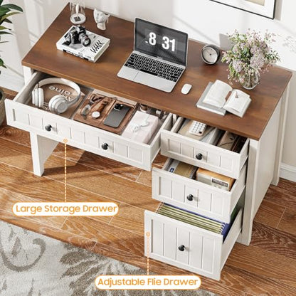 Farmhouse 47.2" Executive Desk with 3 Storage Drawers, Brown White, view 4