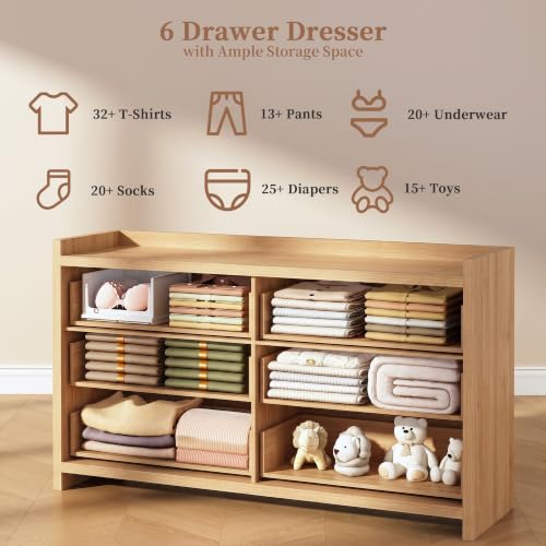 55" Farmhouse Fluted 6 Drawers Dresser for Bedroom, view 6