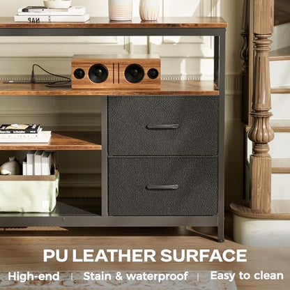 TV Stand Dresser with Power Outlets and LED Lights, 4 Drawers Entertainment Center with Shelves, 54 Inch Media Console for 55 60 Inch TV, PU Finish, Rustic Brown and Black
