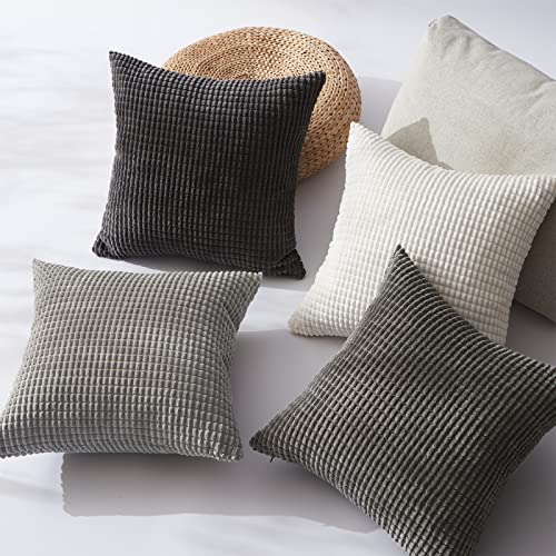 Grey Couch Pillow Covers for Living Room 45x45 cm Set of 4,Mid Century Modern White Neutral Corduroy Corn Throw Pillows,Rustic Square Bench Chair Cushion(18 Inch/Grey)