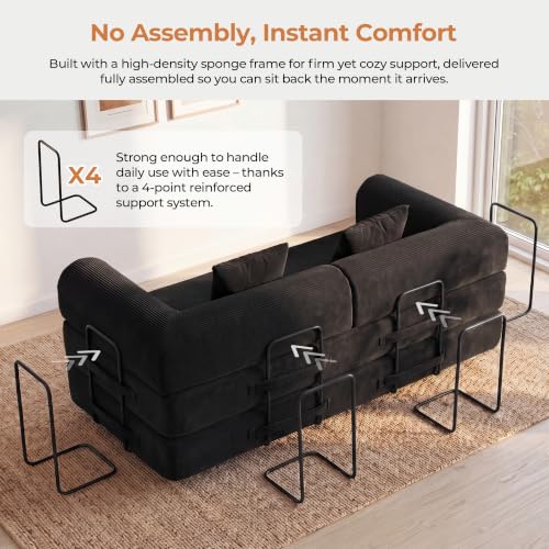 79'' Convertible Sofa Bed, 5-in-1 Folding Boneless Couch, Pull Out Floor Sleeper, Modular Lounge Sofa for Living Room Bedroom, Multi-Function Foldable Sofa (Black)