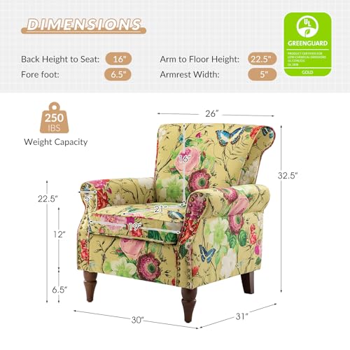 Modern Wingback Accent Chair with Wood Legs & Removable Cushion, Comfy Upholstered Armchair with Nailhead Trim, Floral Pattern Single Sofa Chair for Living Room Bedroom, Mustard