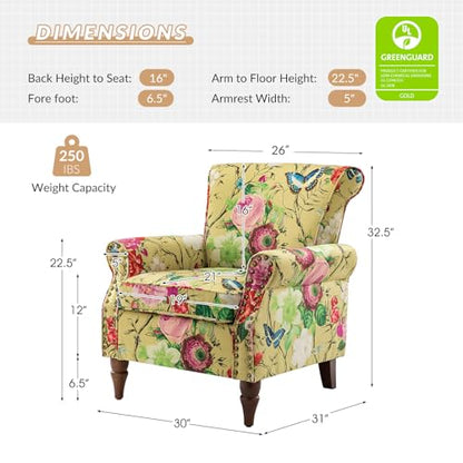 Modern Wingback Accent Chair with Wood Legs & Removable Cushion, Comfy Upholstered Armchair with Nailhead Trim, Floral Pattern Single Sofa Chair for Living Room Bedroom, Mustard