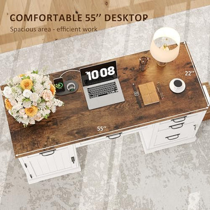 55'' Farmhouse Desk Home Office with Drawers, Executive Computer Desk Wooden with File Cabinet and Charging Station, White