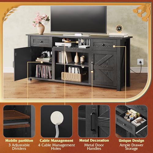 TV Stand for 75/70 Inch TV, Entertainment Center with Storage & Power Outlet, Farmhouse Media Console Cabinet with Drawers and Adjustable Shelves for Living Room, Black