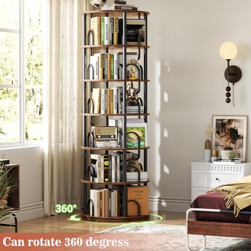 6 Tier Rotating Bookshelf Tower, Revolving Bookcase, Rustic Brown, view 7