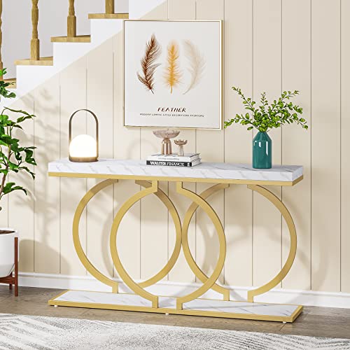 Tribesigns Gold Console Table, 55 inch Modern Entryway Table with Geometric Metal Frame, Faux Marble Narrow Long Sofa Table for Living Room, Entrance, Hallway, White and Gold
