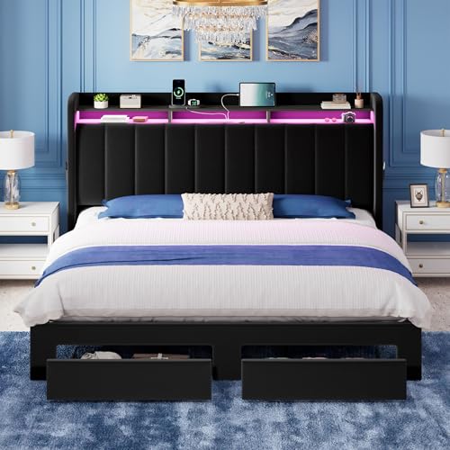 King Size Bed Frame with 2-Tier Storage Headboard & 2 Large Drawers, view 5