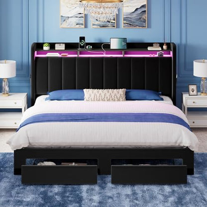 King Size Bed Frame with 2-Tier Storage Headboard & 2 Large Drawers, view 5