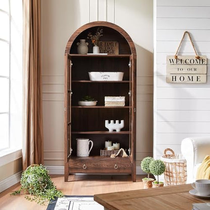 71" Tall Arched Cabinet Bookshelf with Glass Door & Storage Drawer, view 4