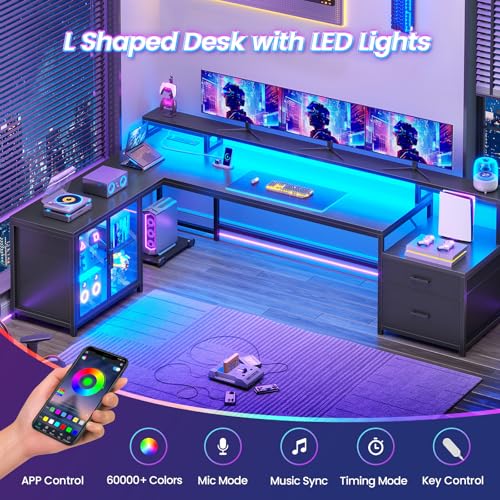 78.7” Large L Shaped Gaming Desk with Drawers, LED Light, view 5