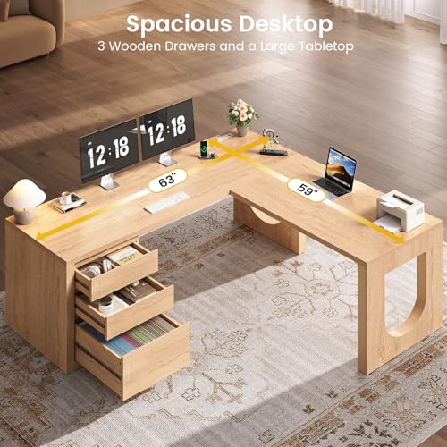 63" Modern L Shaped Desk with 3 Drawers, Executive Office Desk, view 5